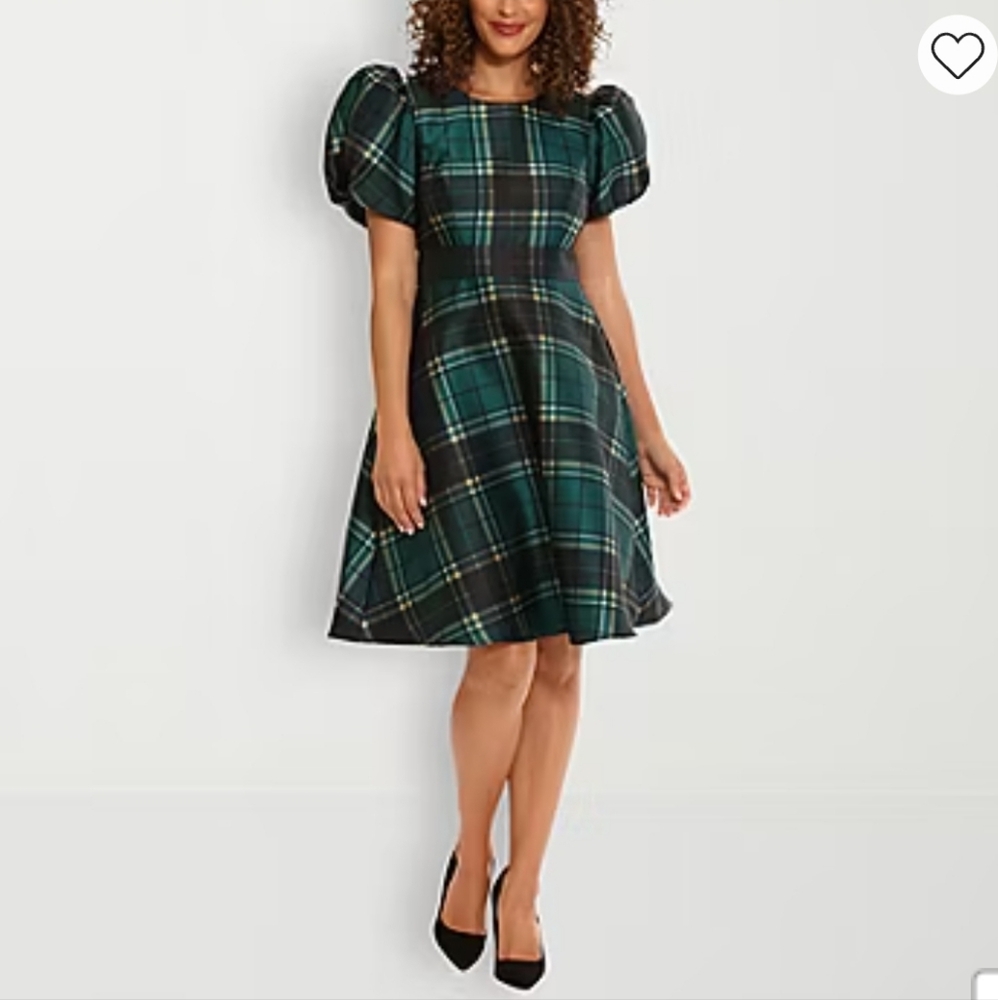 Clover & Sloane Women's Plaid Puff Sleve Fit And Flare Dress